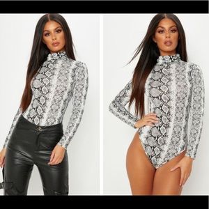 Grey Snake Skin Roll Neck Long Sleeve Body Suit